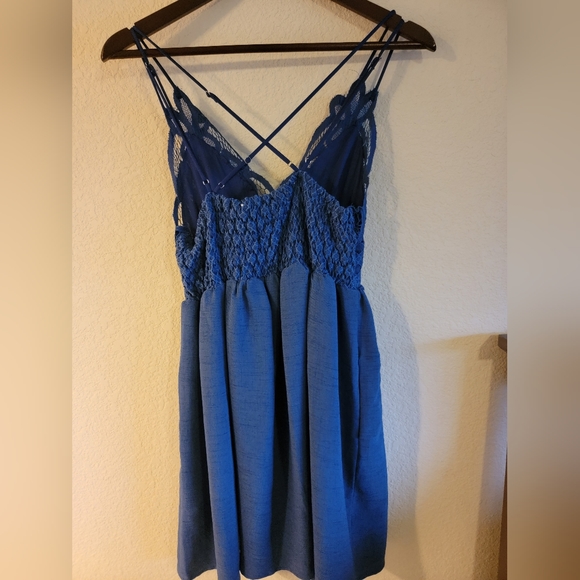 Navy blue cami dress with lace top - Picture 2 of 3